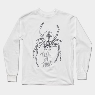 monochrome line art illustration of a spider with trick or treat typography Long Sleeve T-Shirt